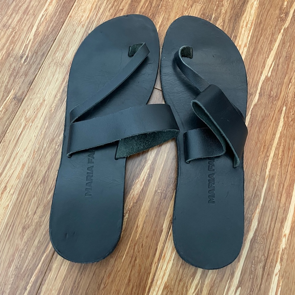Real leather black flat slip on sandals